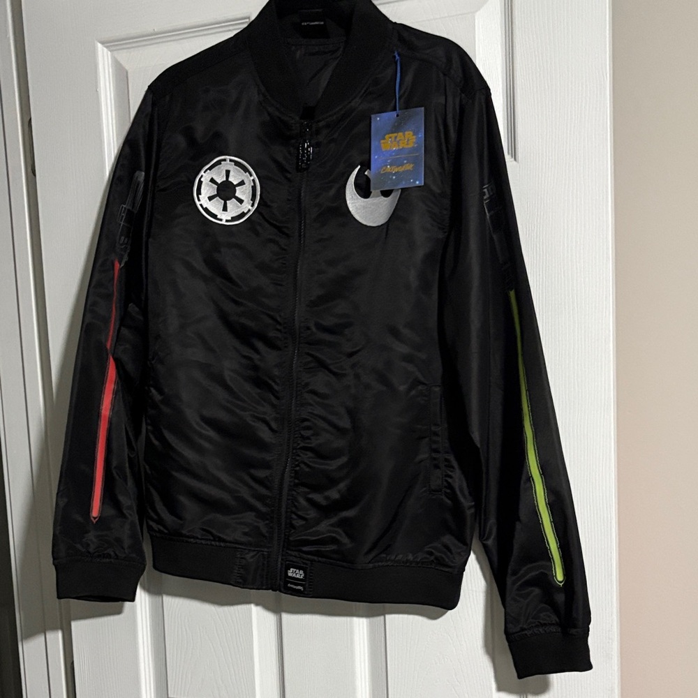 Black Bomber Jacket with Star Emblems